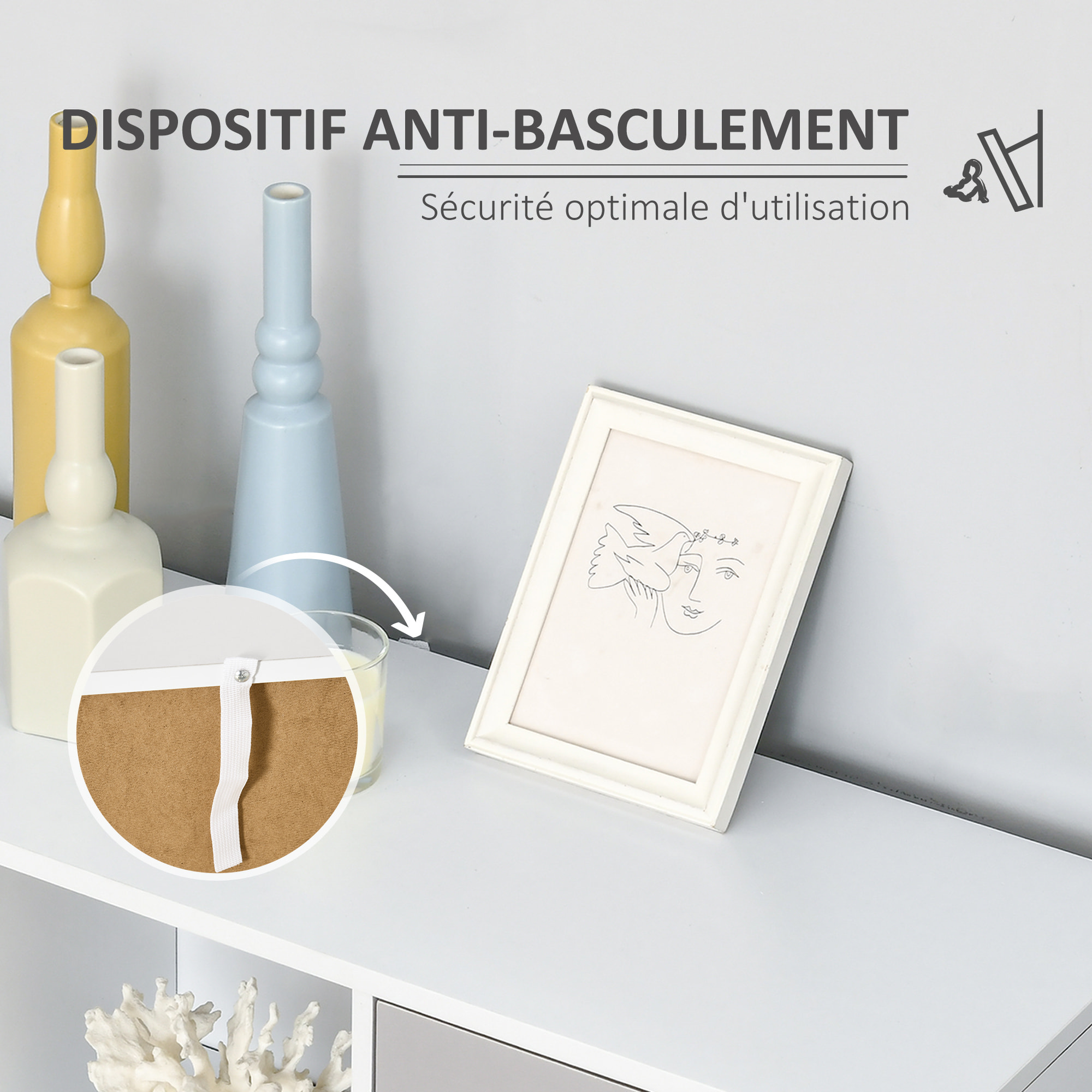 Bibliothèque meuble de rangement design scandinave 3 niches 3 portes panneaux particules blanc gris