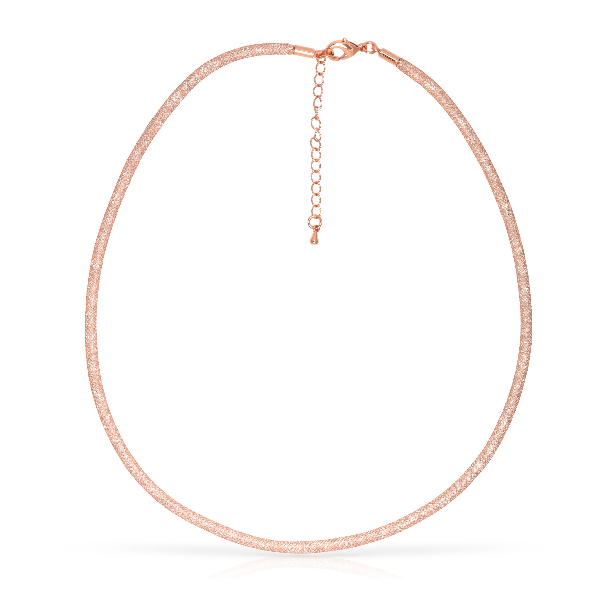 Set de collar y pulsera rosas de malla de cobre con relleno de cristal brillante y cierre de mosquetón de cobre con acabado rosa.