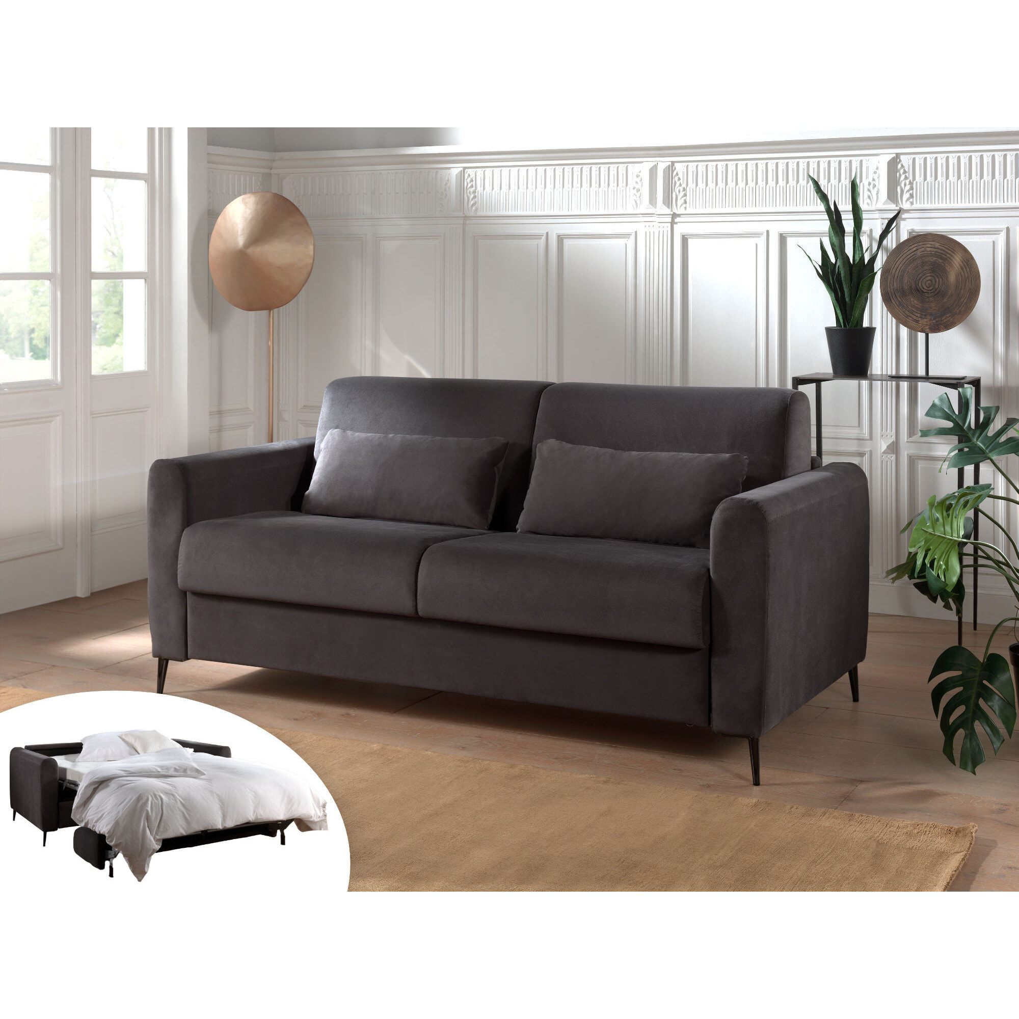 Owen - canapé lit 3 places convertible express couchage quotidien 140 cm matelas 12 cm en velours - Gris foncé