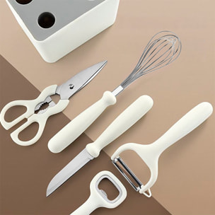 Juego de 5 utensilios de cocina multifuncionales con soporte de almacenamiento, incluye cuchillo, mezclador, tijeras, abrelatas y pelador.