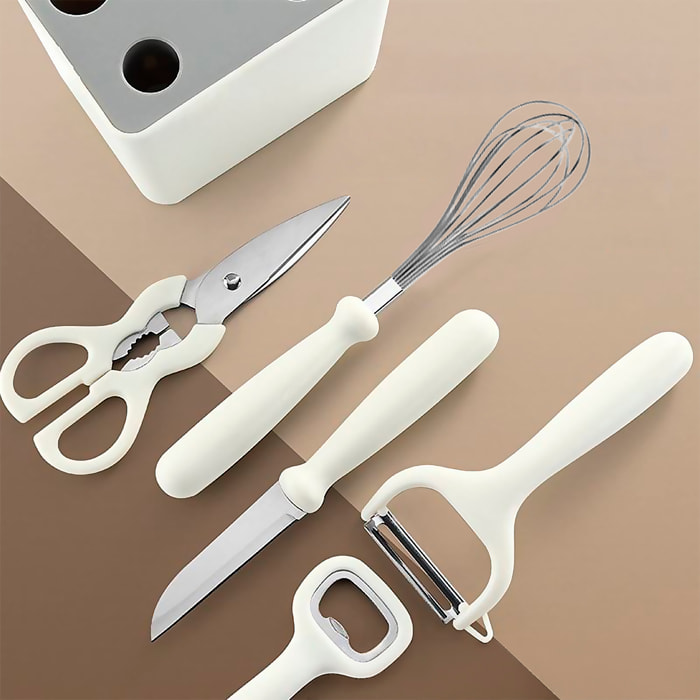 Juego de 5 utensilios de cocina multifuncionales con soporte de almacenamiento, incluye cuchillo, mezclador, tijeras, abrelatas y pelador.