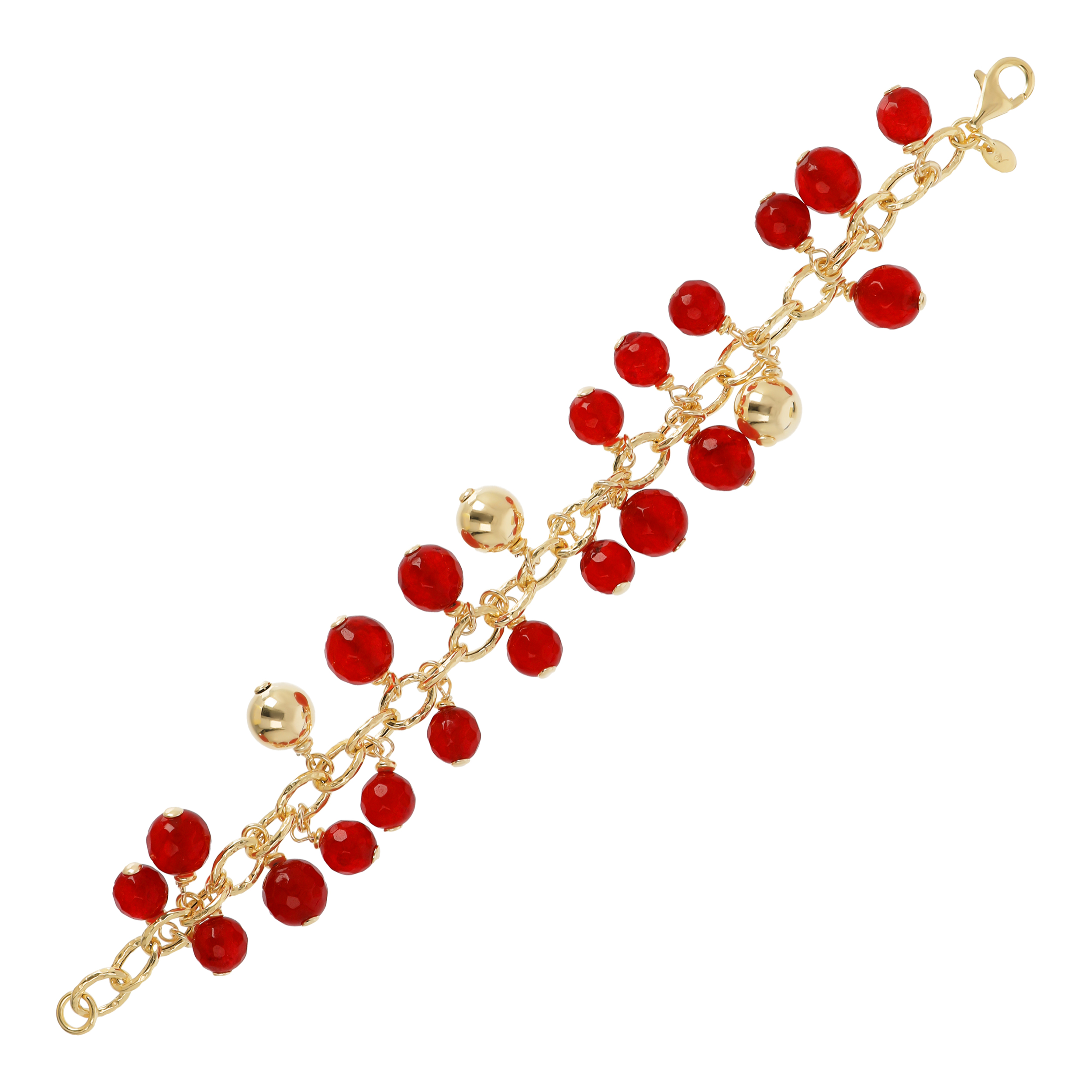 Bracciale Catena Rolo Martellata in Argento 925 placcato Oro Giallo 18kt con Ciondoli in Quarzite Rossa Sfaccettata