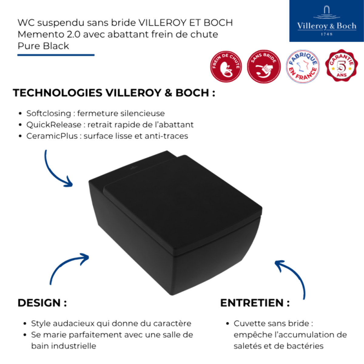 WC suspendu sans bride Memento 2.0 avec abattant Pure Black