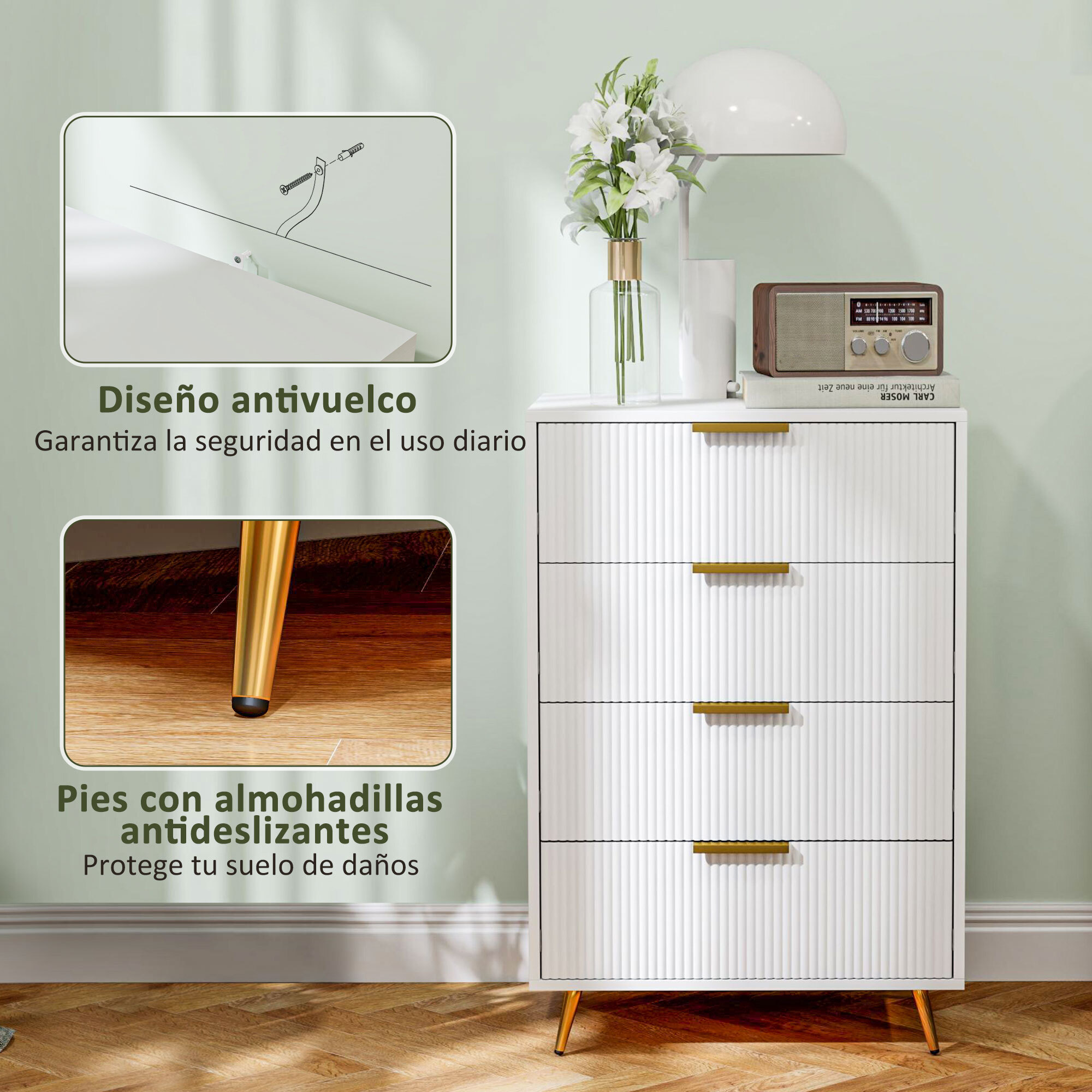 Cómoda con 4 Cajones Cómoda de Dormitorio Moderno con Frentes con Diseño Ondulado Anti-vuelco Cajonera para Salón Pasillo 60x40x90 cm Blanco