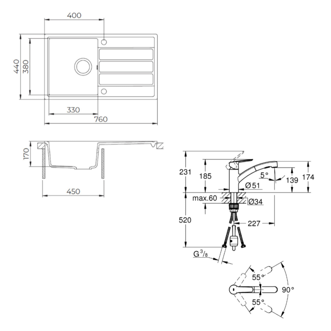 76x44 cm kit évier avec égouttoir réversible en Granite, à encastrer, noir + mitigeur lavabo/cuisine Grohe Start (SATSE3BG431)