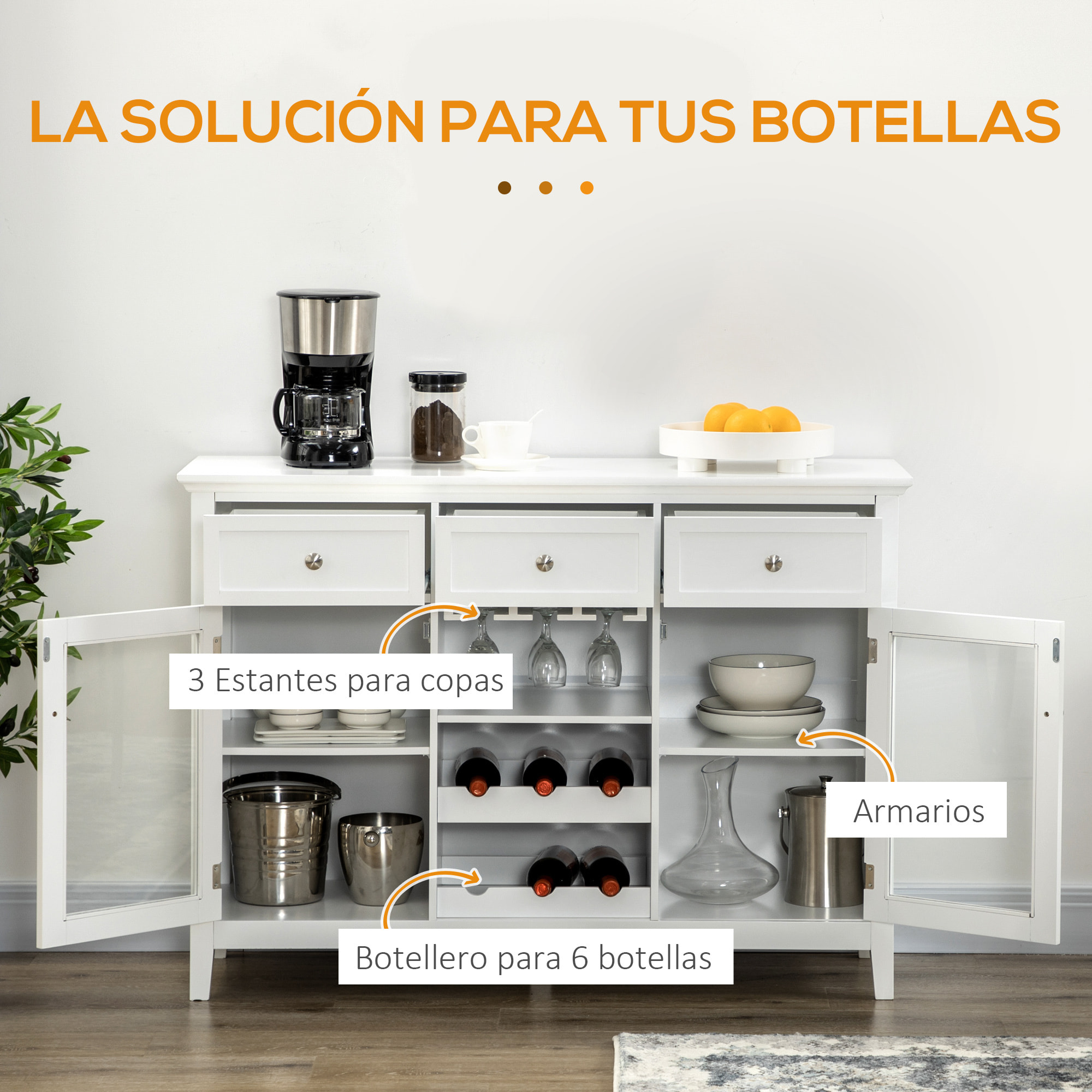 Aparador de Cocina Mueble Buffet Auxiliar con 2 Puertas de Vidrio 3 Cajones Botellero para 6 Botellas y Estante para 15 Copas para Comedor Salón Estilo Moderno Antivuelco 120x40x87 cm Blanco