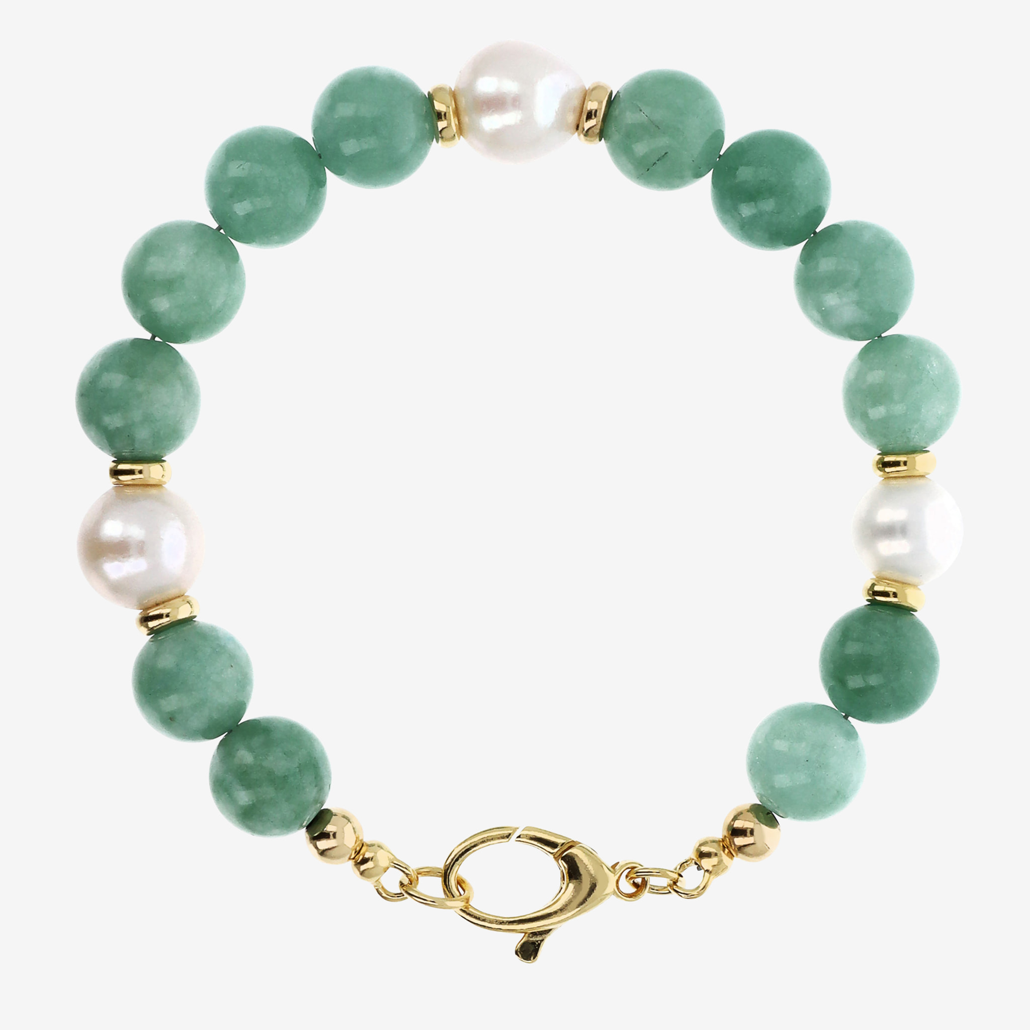 PERLAVIVA - Bracciale in Argento 925 placcato Oro Giallo 18kt con Quarzite Verde e Perle d'Acqua Dolce Bianche Ø 10/11 mm