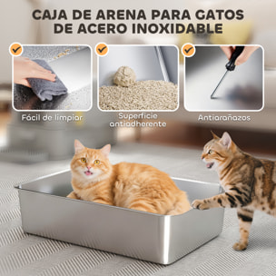 Arenero para Gatos de Acero Inoxidable XL, Caja de Arena para Gatos, Arenero con Tapa Abatible 180°, Laterales Altos, Pedal, Pala, sin Olores, Fácil de Limpiar, Antifugas, Gris Claro