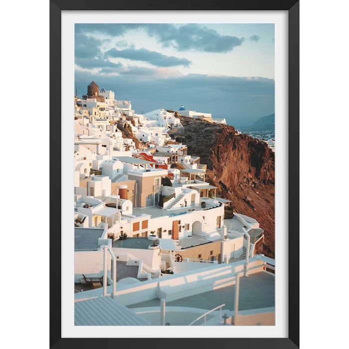 Poster photo paysage les cyclades ""santorini"" Affiche + cadre en bois - Noir