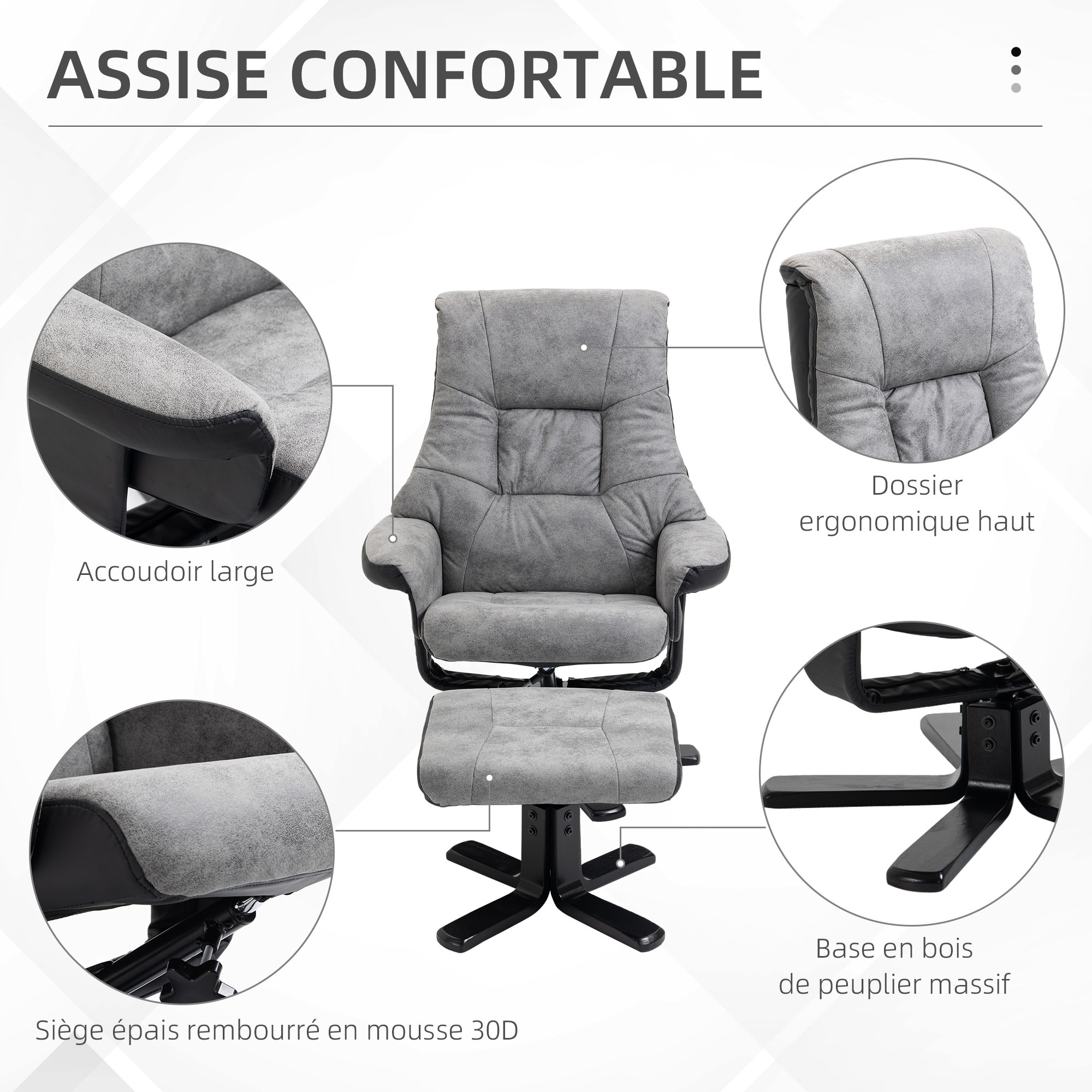 Fauteuil relax style contemporain - dossier inclinable, repose-pied - piètement bois peuplier noir tissu technique gris