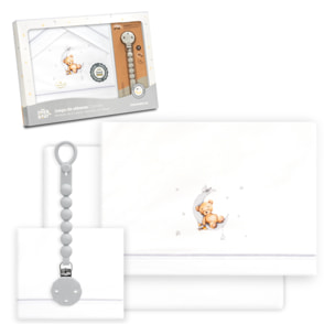 Triptico Cuna Estampado Oso Luna Estrellas + Broche Bco/Gris