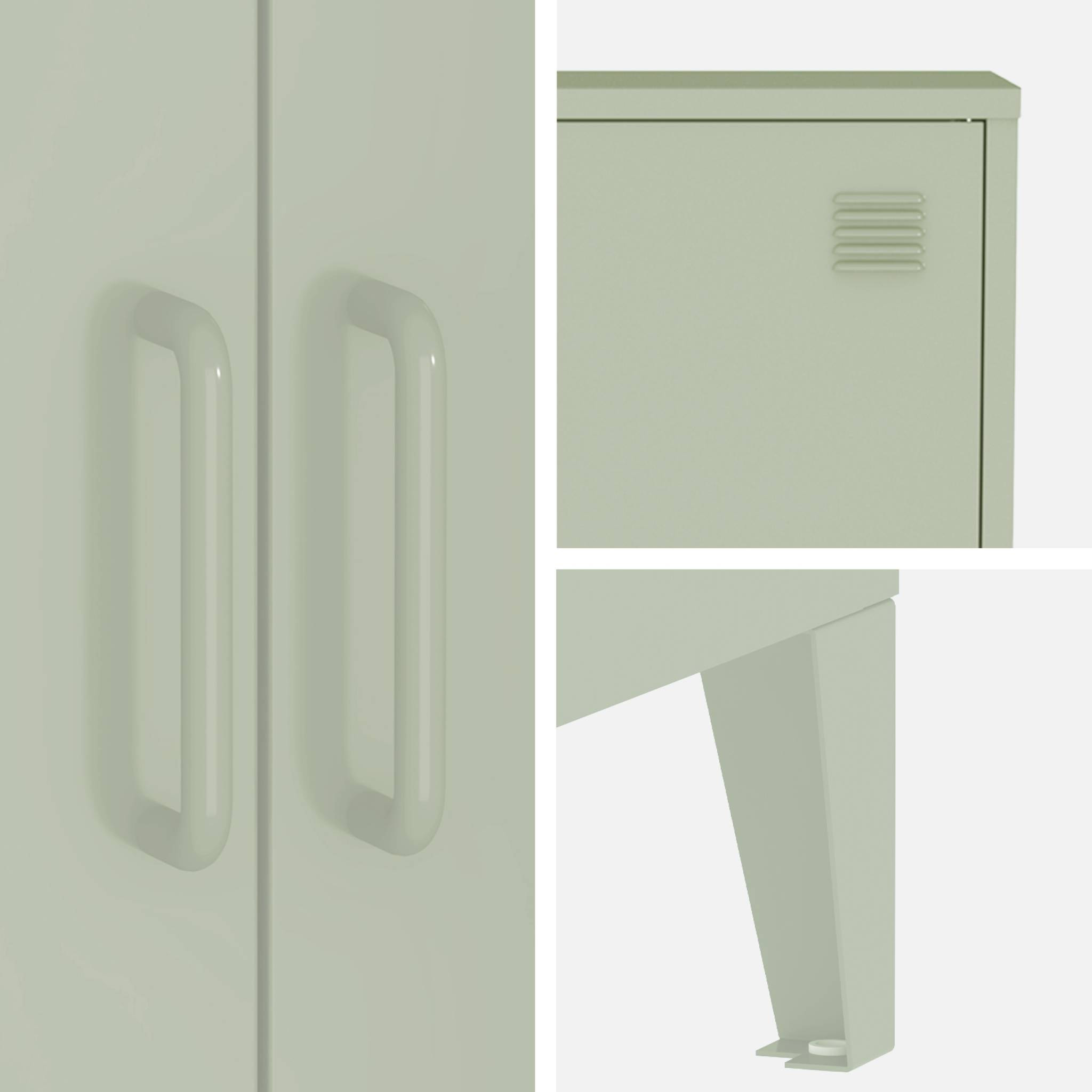 Commode/armoire en métal vert. 2 espaces de rangement. casiers