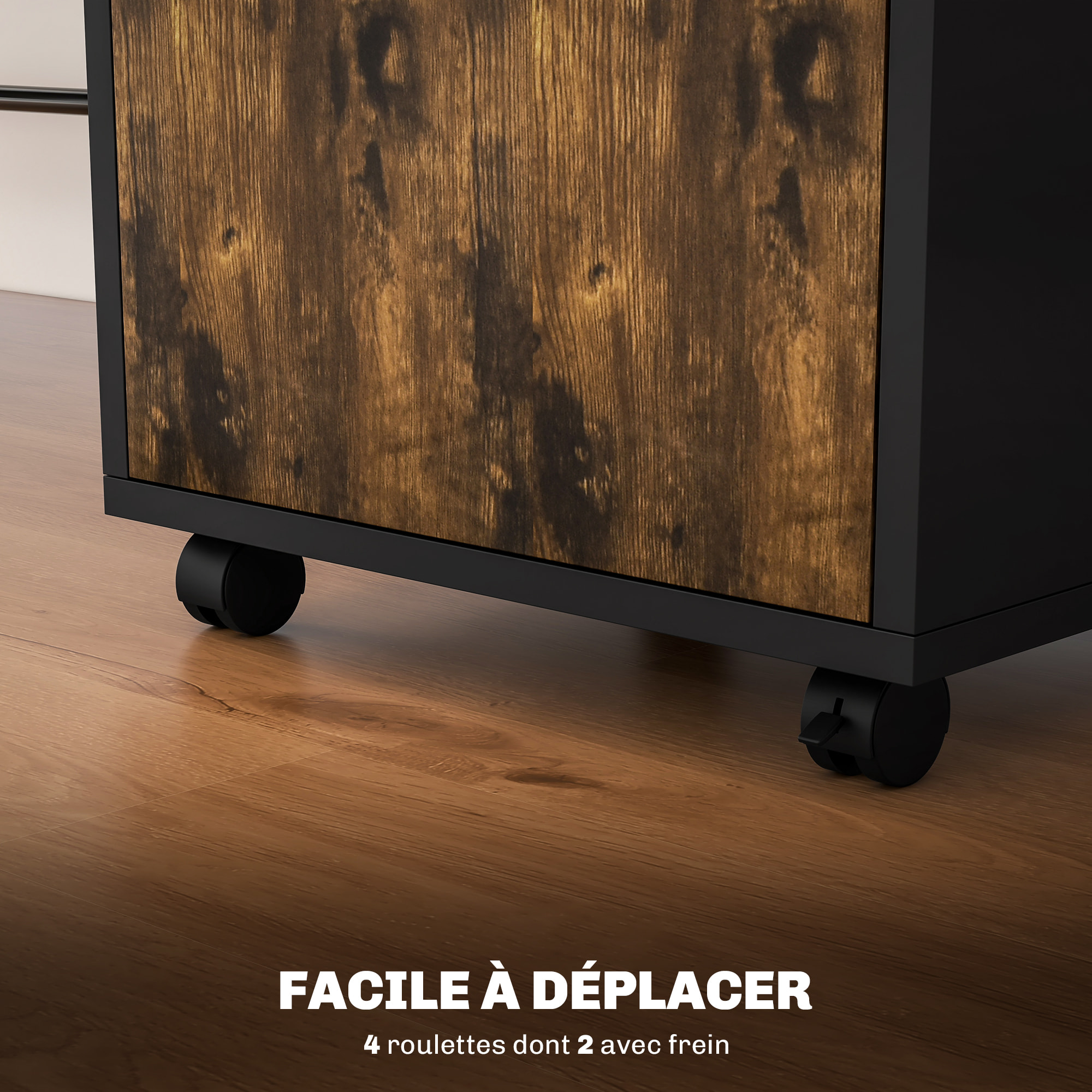 Caisson de bureau rangement bureau sur roulettes tiroir placard niche panneaux particules brun rustique
