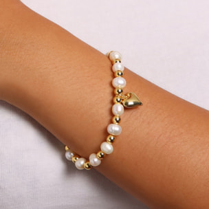 Bracciale di Perle Bianche d'Acqua Dolce con Bead Lucide e Ciondolo Cuore Bombato