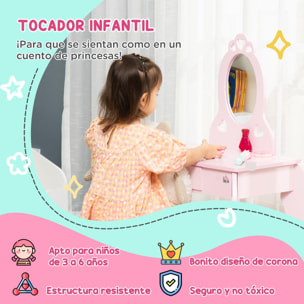 Tocador Infantil de Madera para Niñas 3-6 Años con Taburete y Espejo 60x36x88 cm