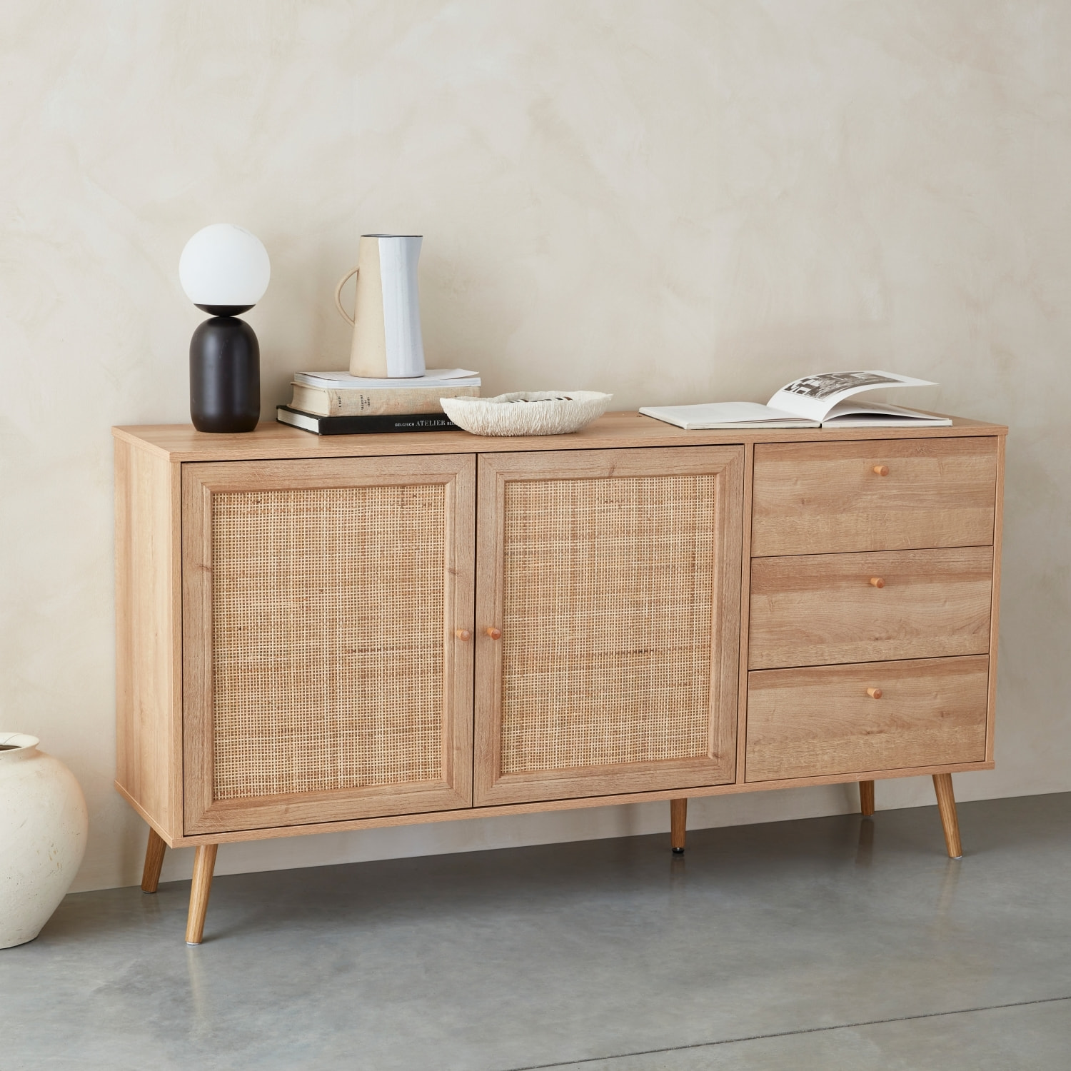 Buffet scandinave décor bois et cannage 2 portes 150cm BOHÈME