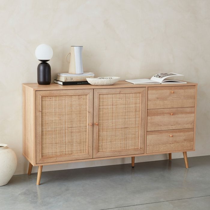 Buffet scandinave décor bois et cannage 2 portes 150cm BOHÈME