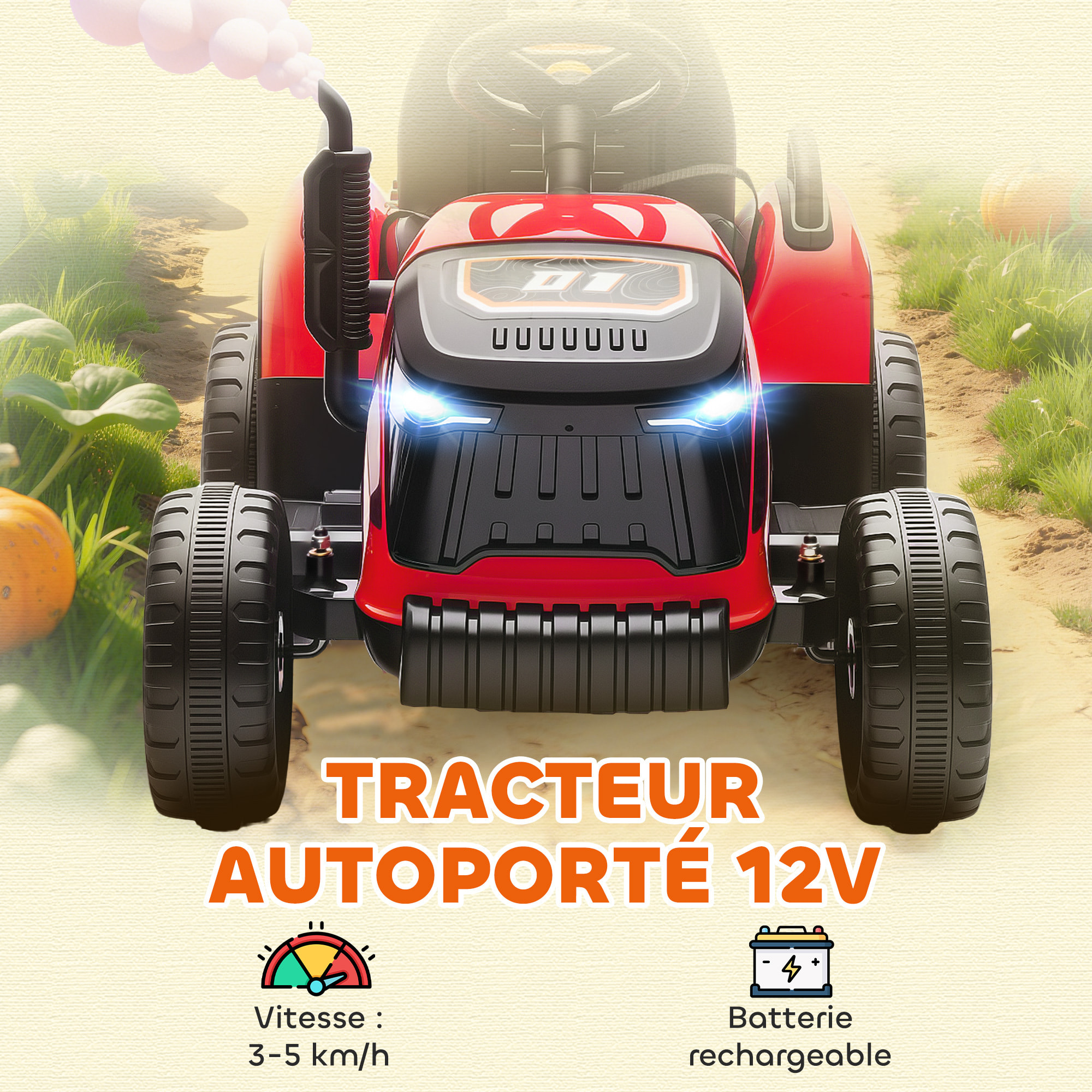 Tracteur électrique enfant avec remorque amovible et télécommande - effets sonores et lumineux - rouge