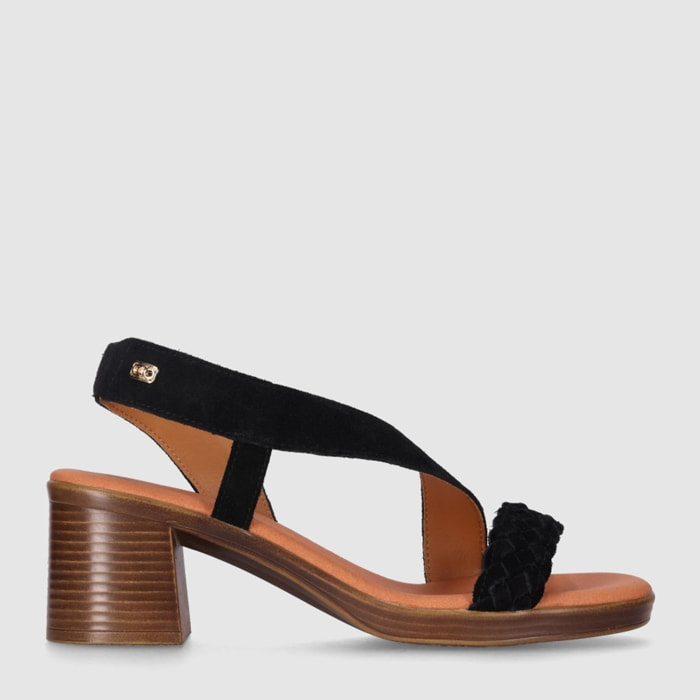 Sandalias de Serraje - Negro - Tacón: 6 cm