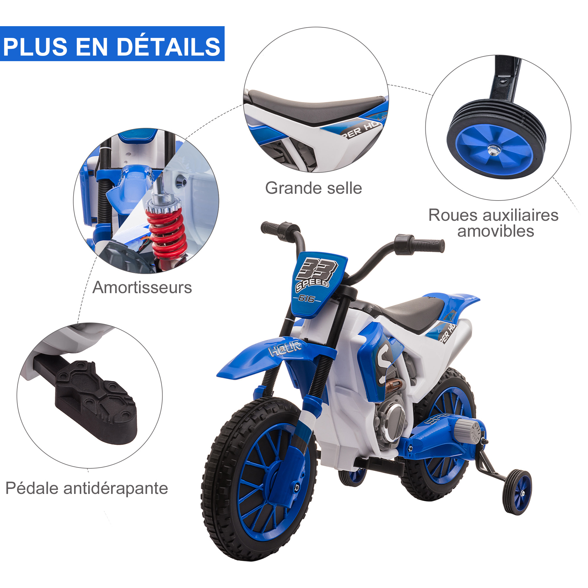 Moto cross électrique enfant 3 à 5 ans 12 V 3-8 Km/h  avec roulettes latérales amovibles dim. 106,5L x 51,5l x 68H cm bleu