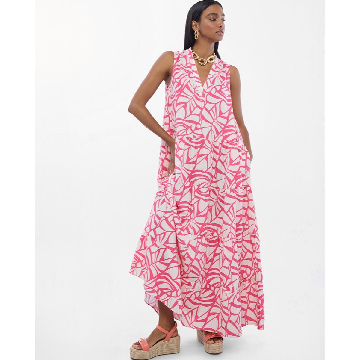 Abito voluminoso con scollo a V e stampa a foglie