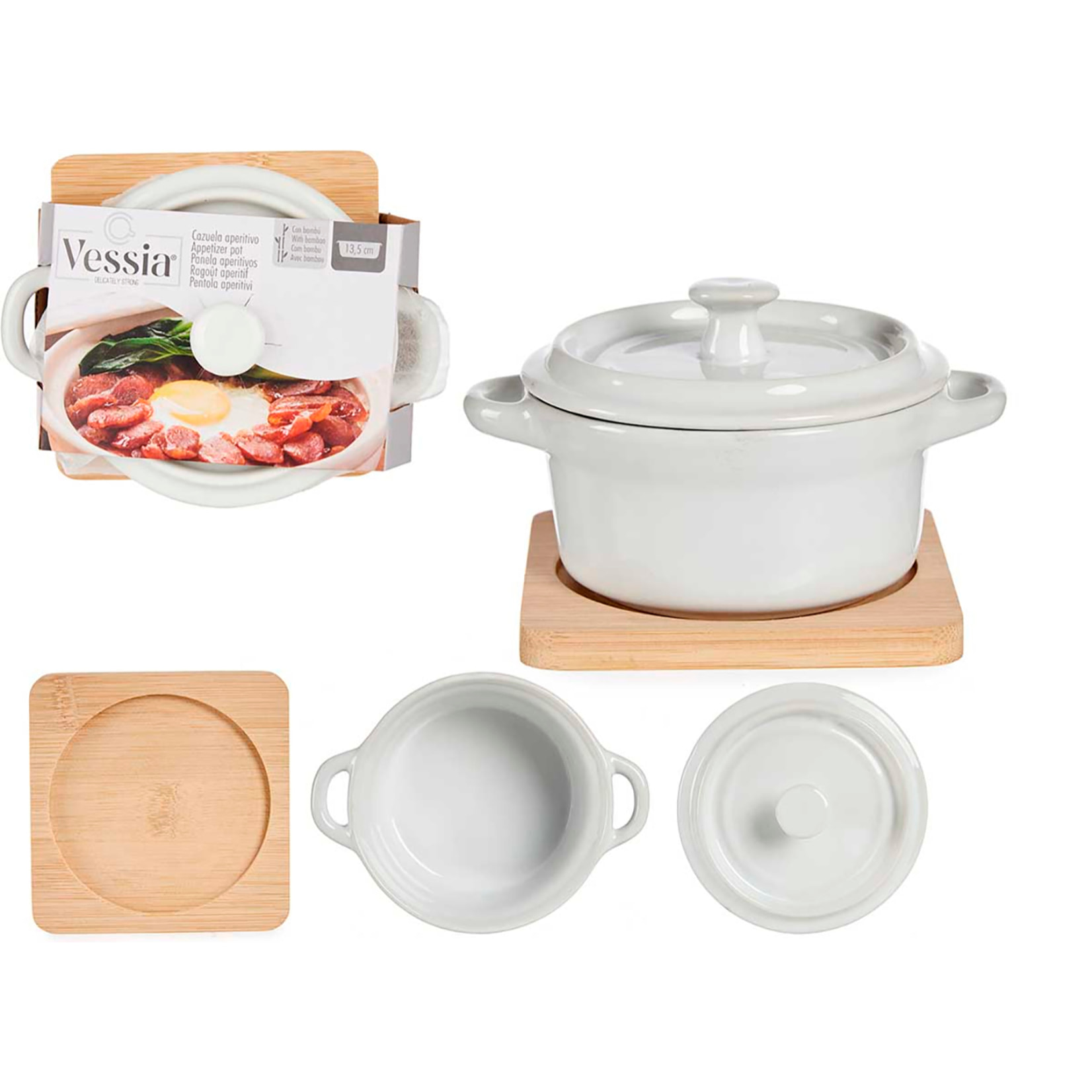 CASSERUOLA IN CERAMICA ROTONDA CON BASE IN BAMBU