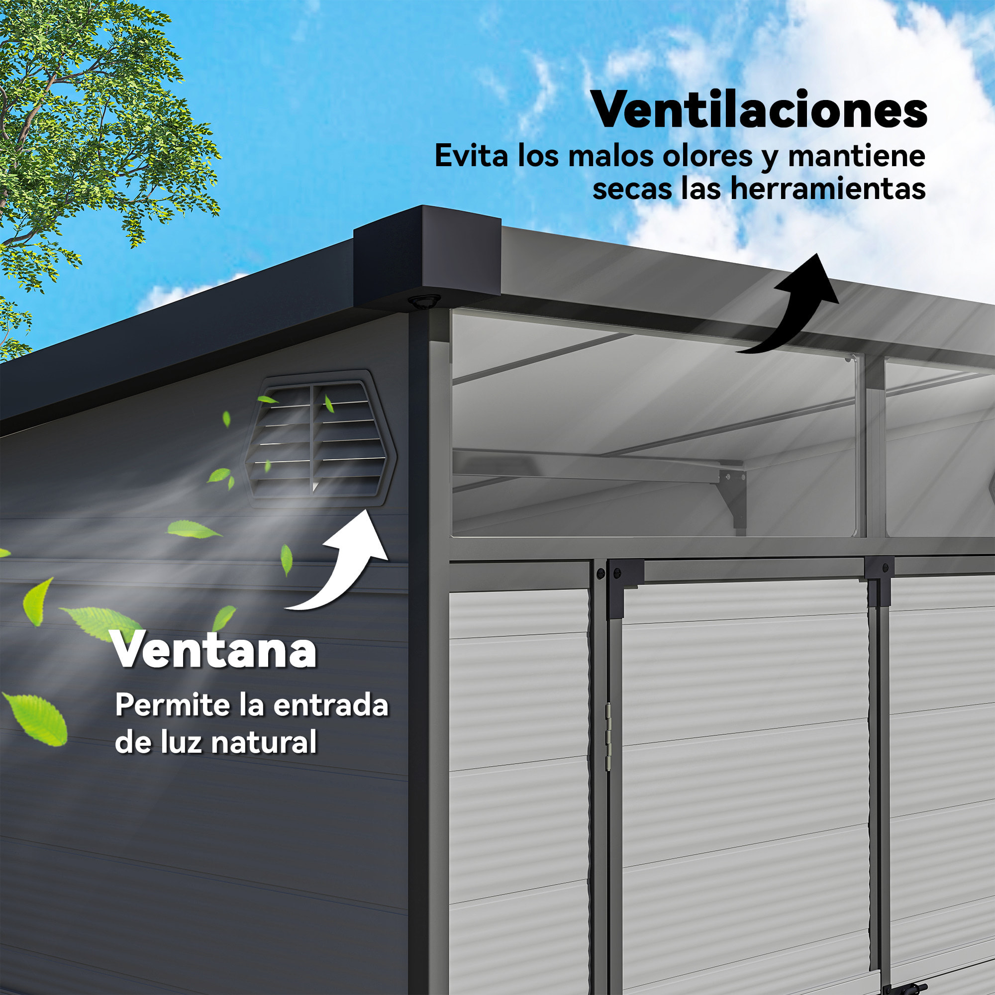 Caseta de Jardín Exterior, 3,24 m², 190x191x215 cm, Cobertizo de Jardín Exterior, Puerta Corredera con Pestillo, Ventana y Ventilación, para Almacenamiento de Herramientas, Gris Claro