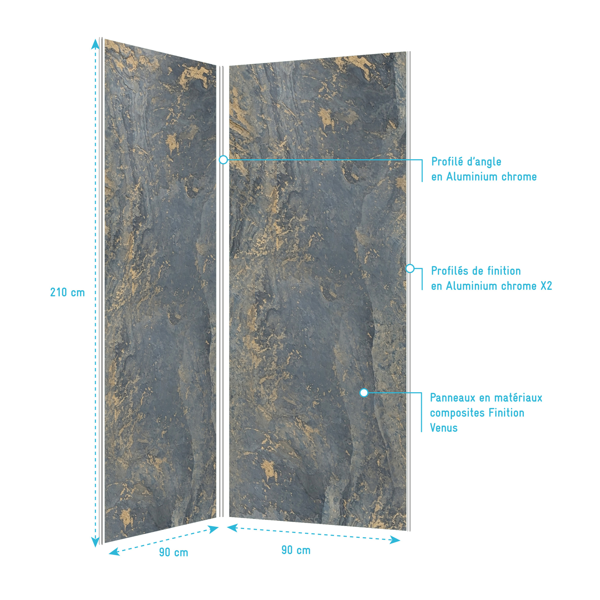 Pack de 2 Panneaux Muraux Pierre Venus 90+90x210 cm avec Profilés ANODISE BRILLANT - STONE'IT