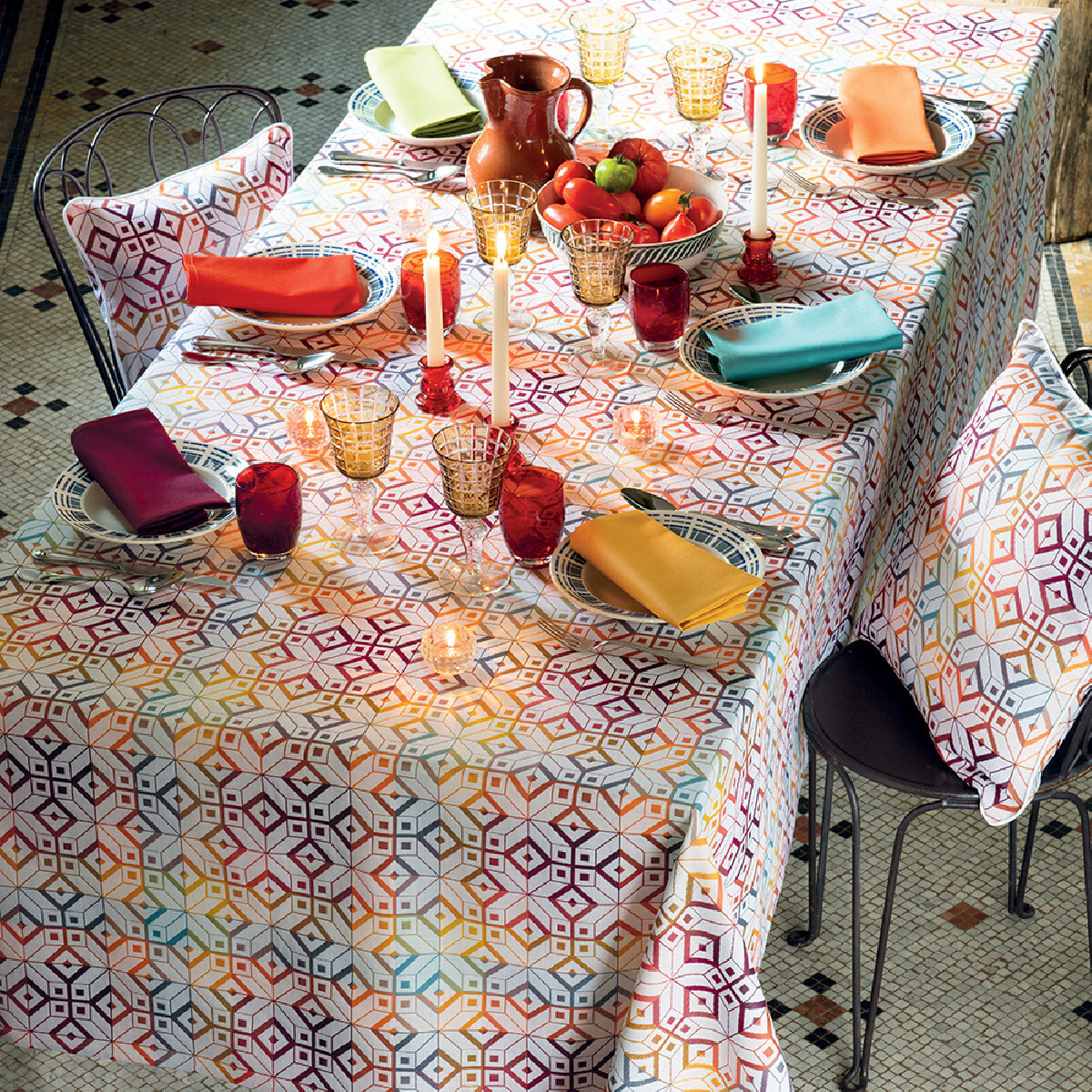 Nappe pur coton jacquard tissage poche multicolore Mille paves flamboyant