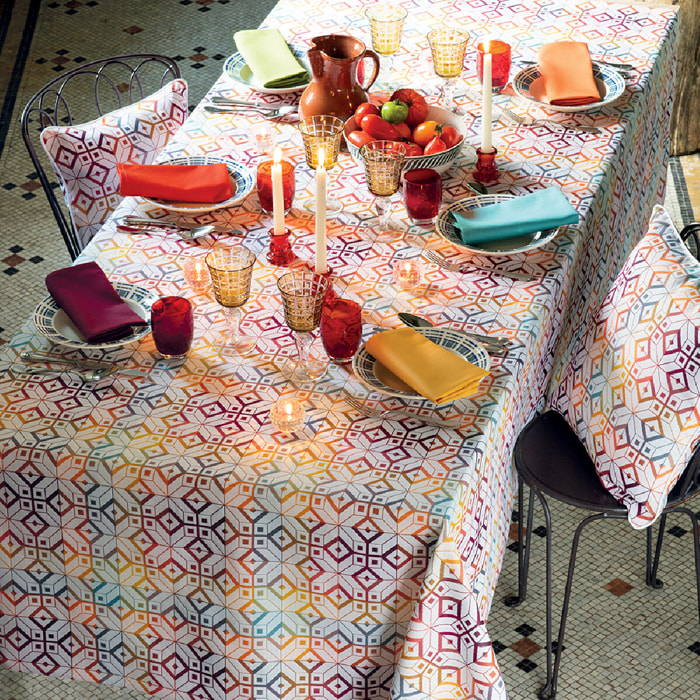 Nappe pur coton jacquard tissage poche multicolore Mille paves flamboyant