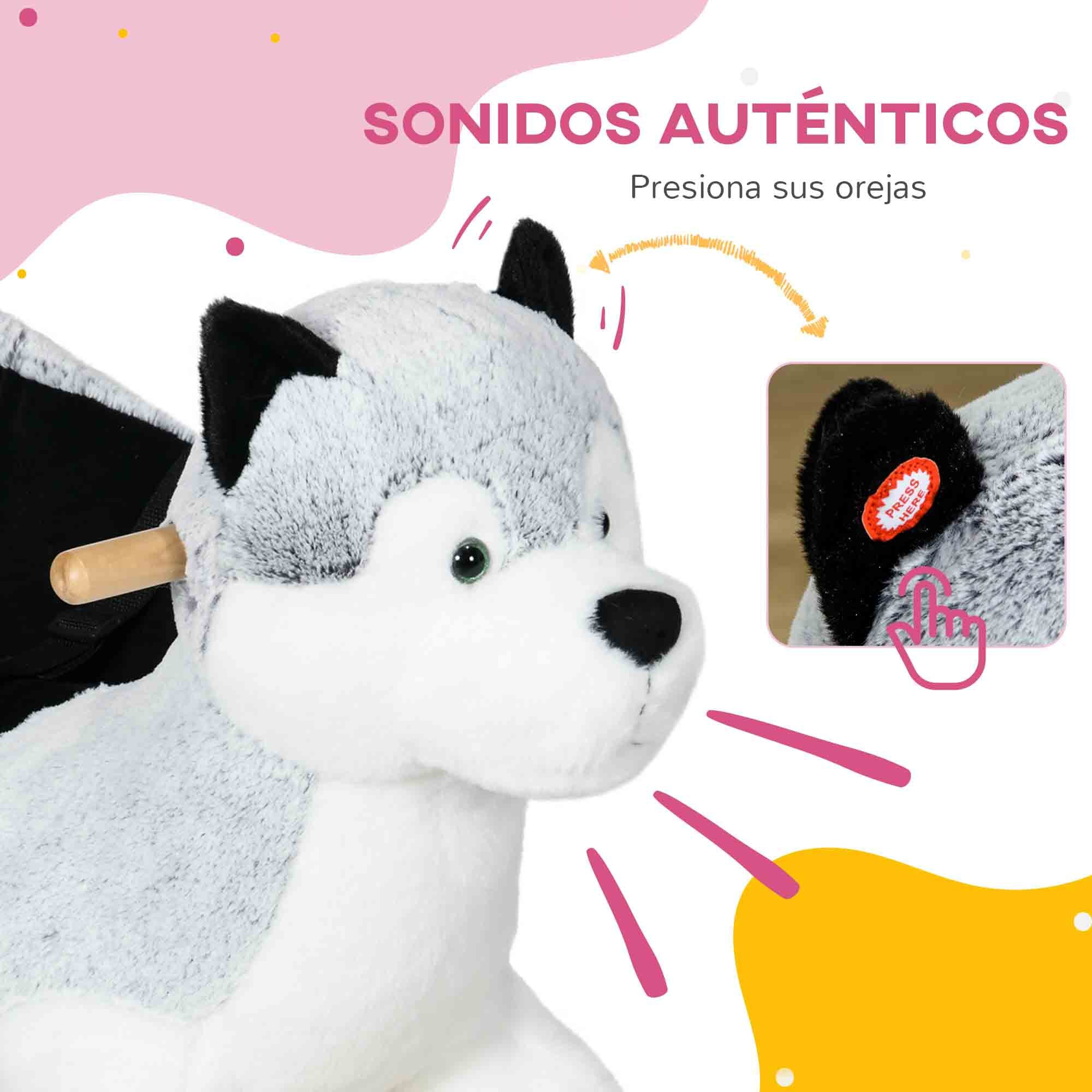 Caballo Balancín para Niños de 18-36 Mesas Forma Perro Husky Caballo de Juguete con Sonido Asas Cinturón de Seguridad y Base de Madera Carga 40 kg 60x33x50 cm Gris