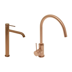 Aurum set mitigeur lavabo haut acier inoxydable + mitigeur cuisine avec bras pivotant, or rose (SATBR2805BRG)