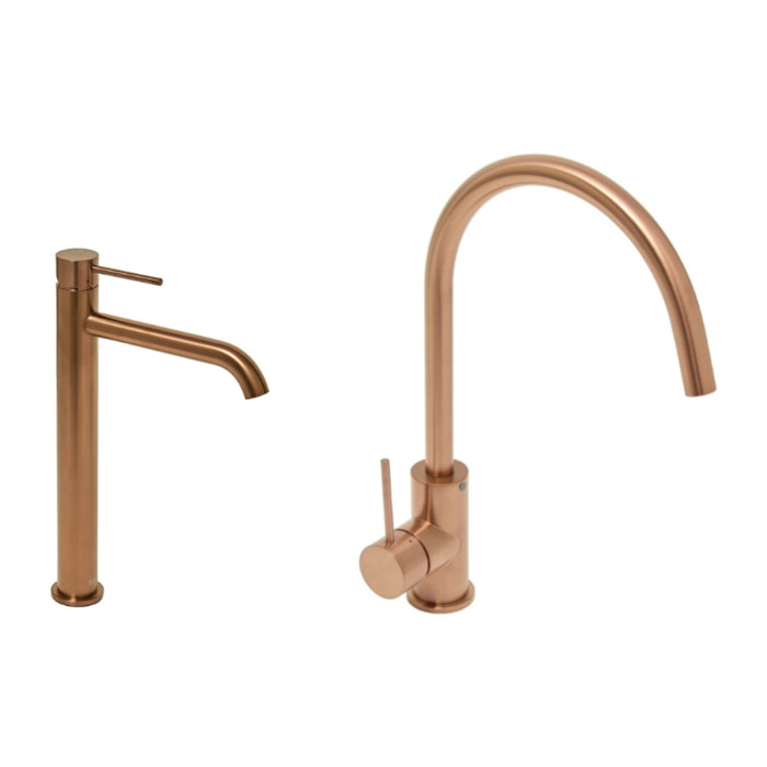 Aurum set mitigeur lavabo haut acier inoxydable + mitigeur cuisine avec bras pivotant, or rose (SATBR2805BRG)