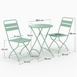 Table ronde et chaises de jardin pliantes 2 places en métal vert - Yumi