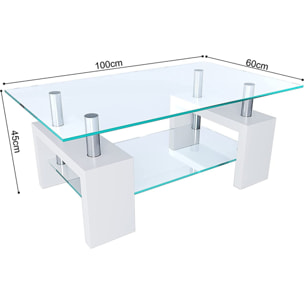 Tavolino Basso Rettangolare Salotto In Vetro E Legno MDF Soggiorno Salone Sala Pranzo Tavolo Caffè Ripiano Moderno Elegante Bianco 100 x 60 x 45 cm