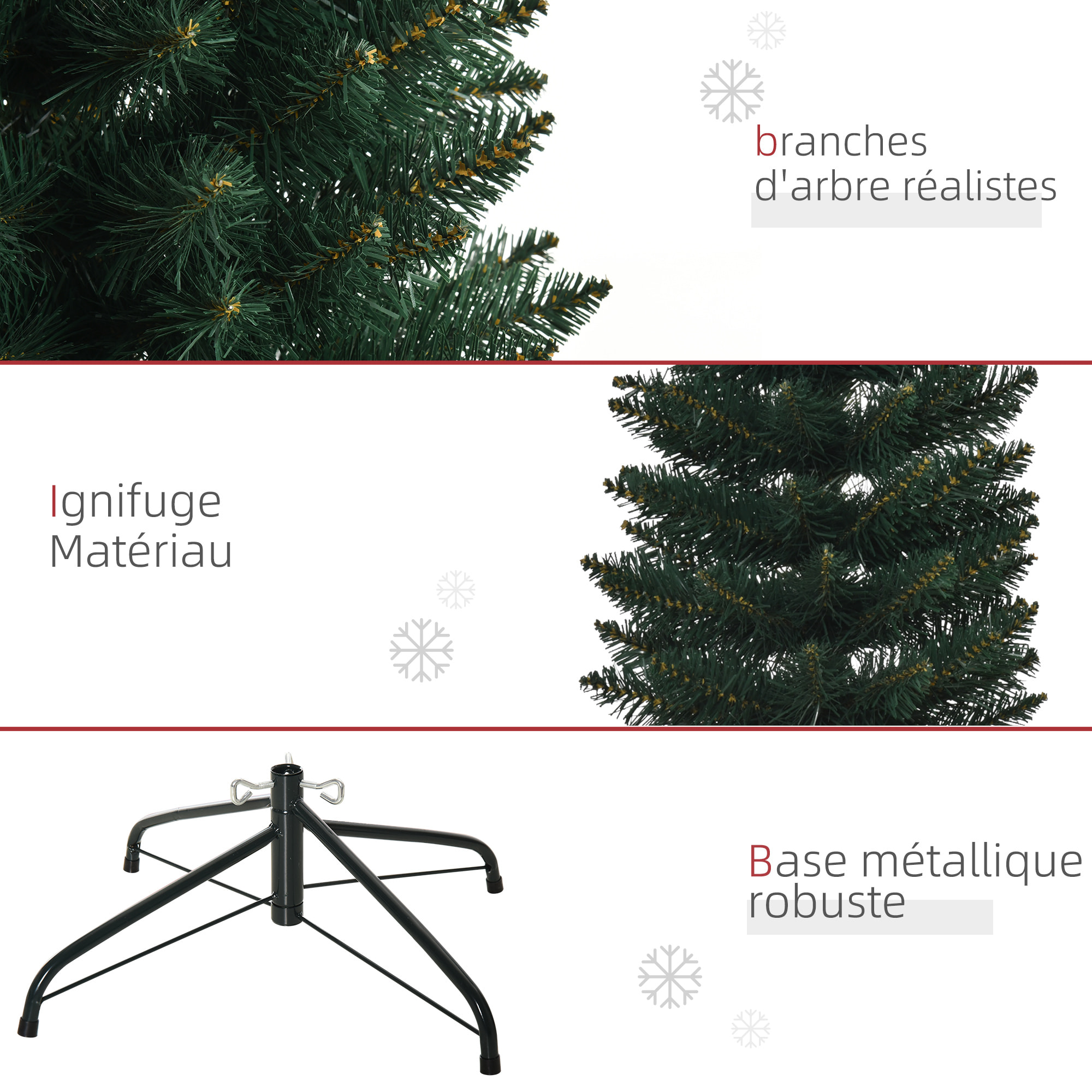Sapin de Noël artificiel mince dia. 56xH.180 cm 380 branches grand réalisme support métal pliable antidérapant