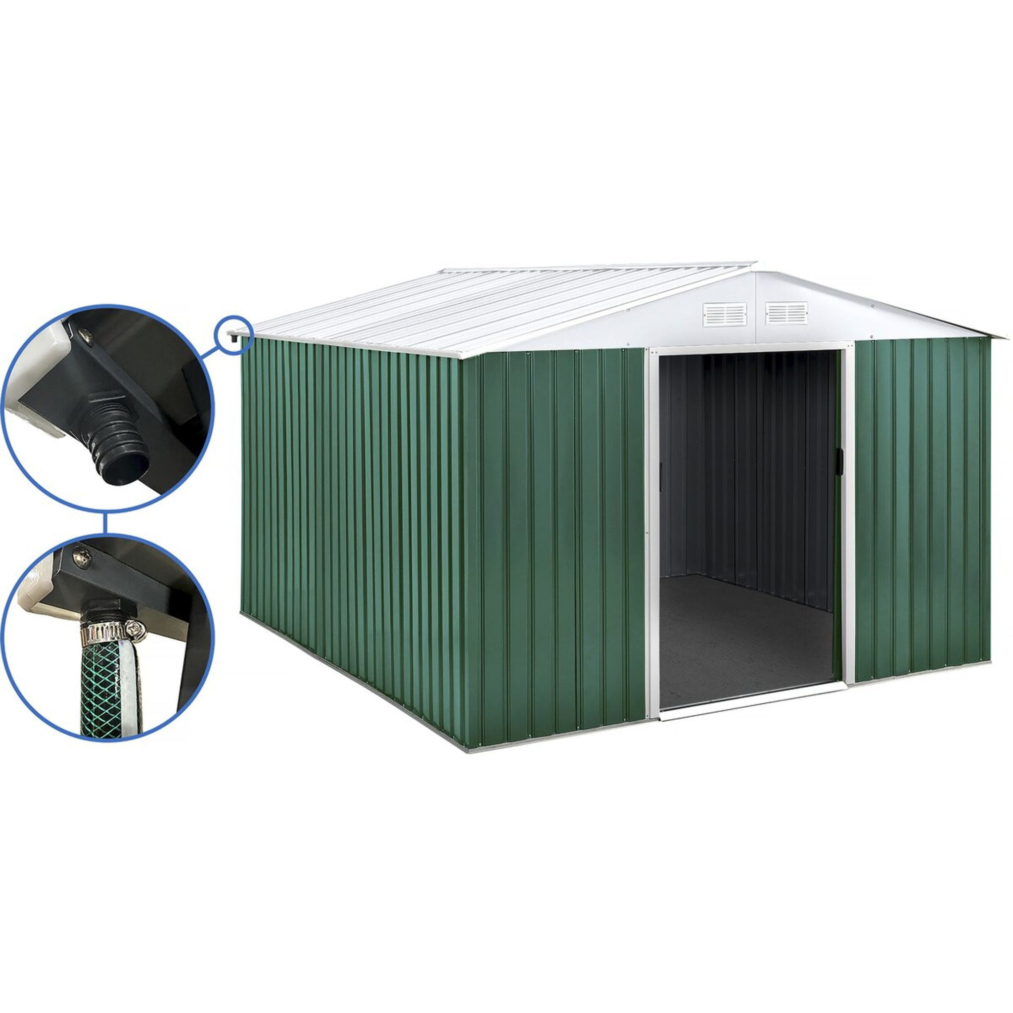 Abri de jardin métal - "Rosas " - 10.85 m² avec gouttière - Vert