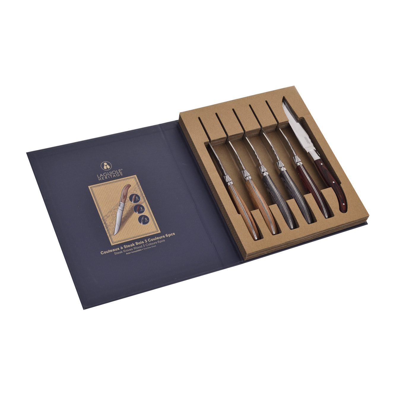 Coffret 6 Couteaux à steak - Manche en bois pakka 3 teintes assorties