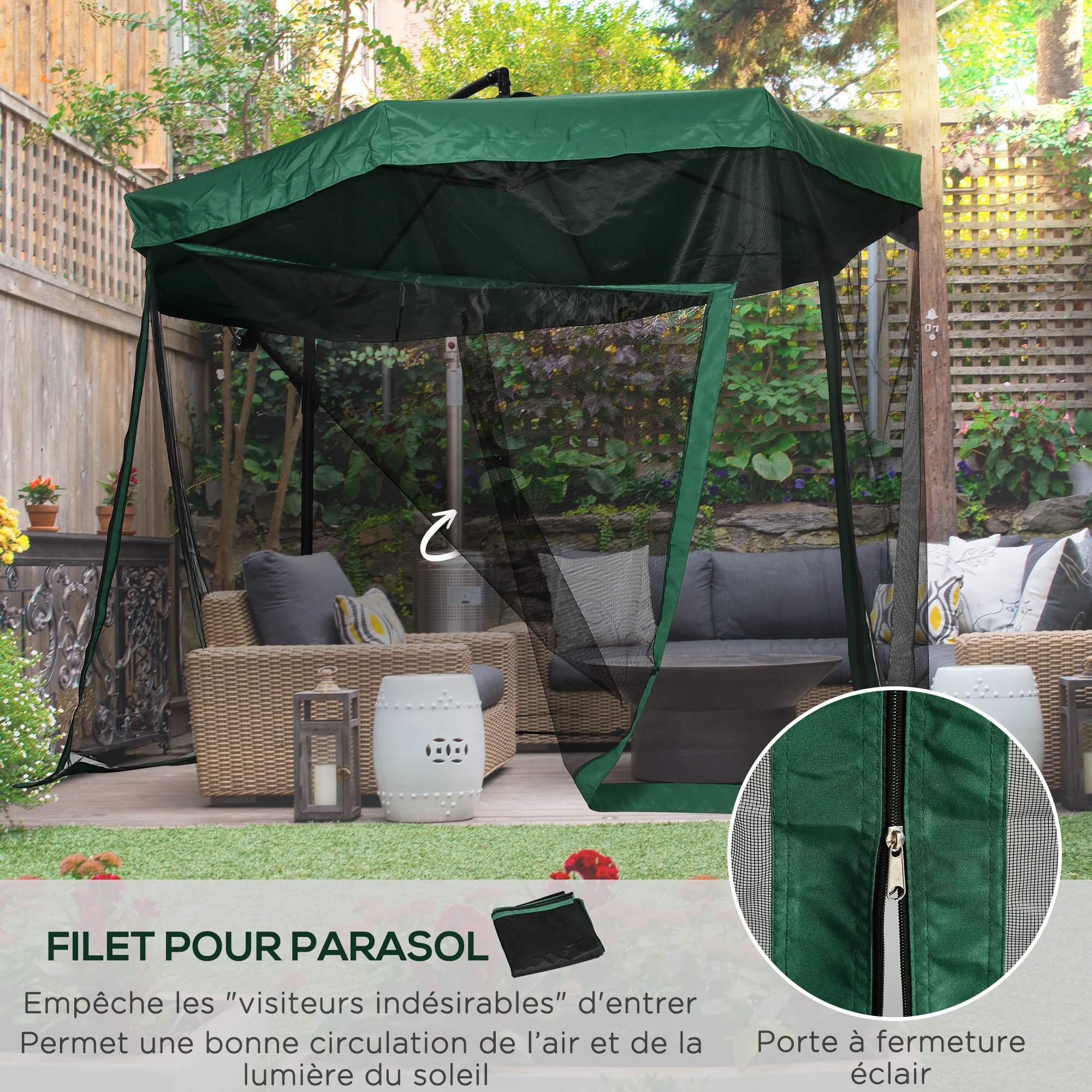 Parasol déporté octogonal inclinable pivotant manivelle moustiquaire pied acier Ø 2,95 x 2,42H m vert