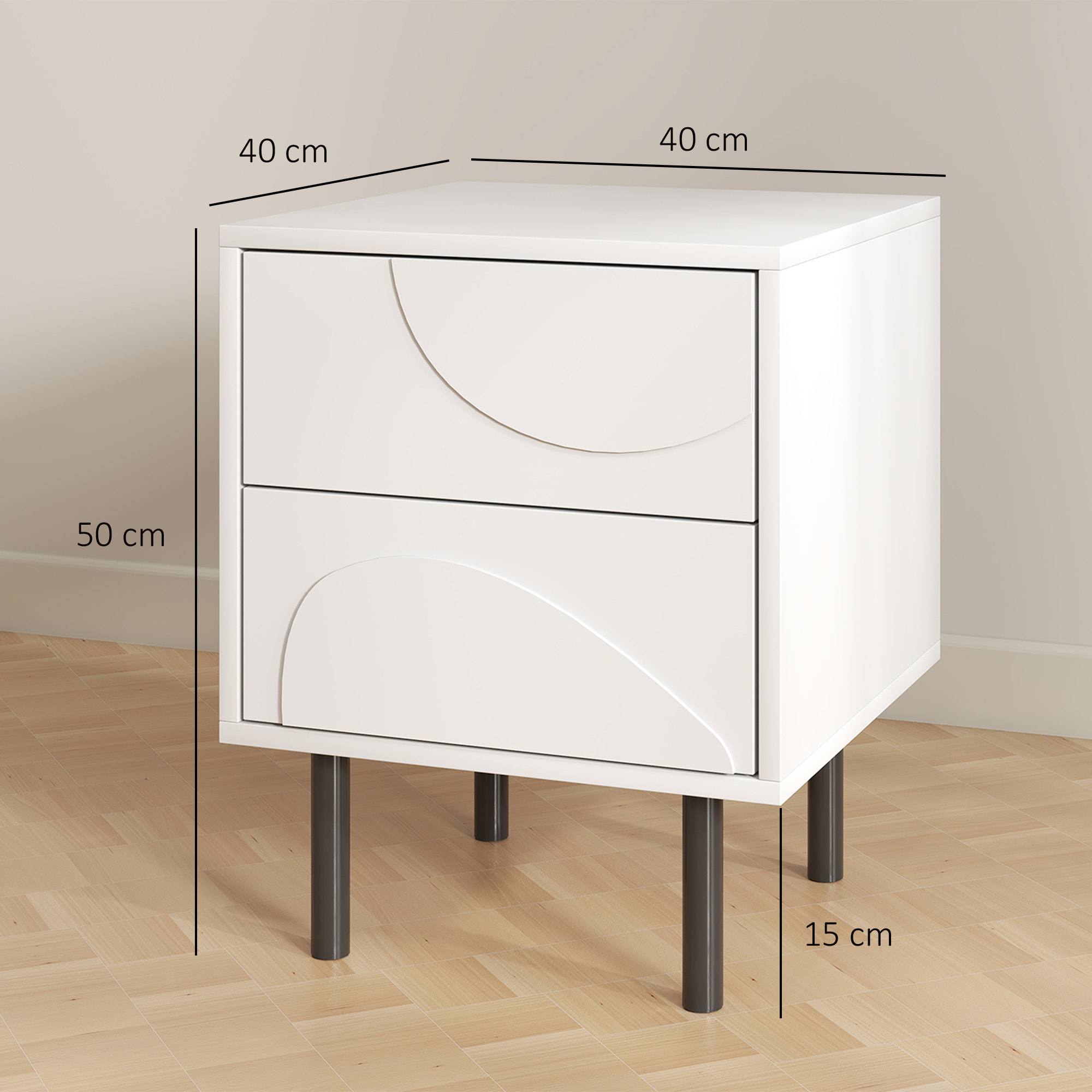 Table de chevet, table d'appoint avec 2 tiroirs, pieds en acier, 40 x 40 x 50 cm, blanc