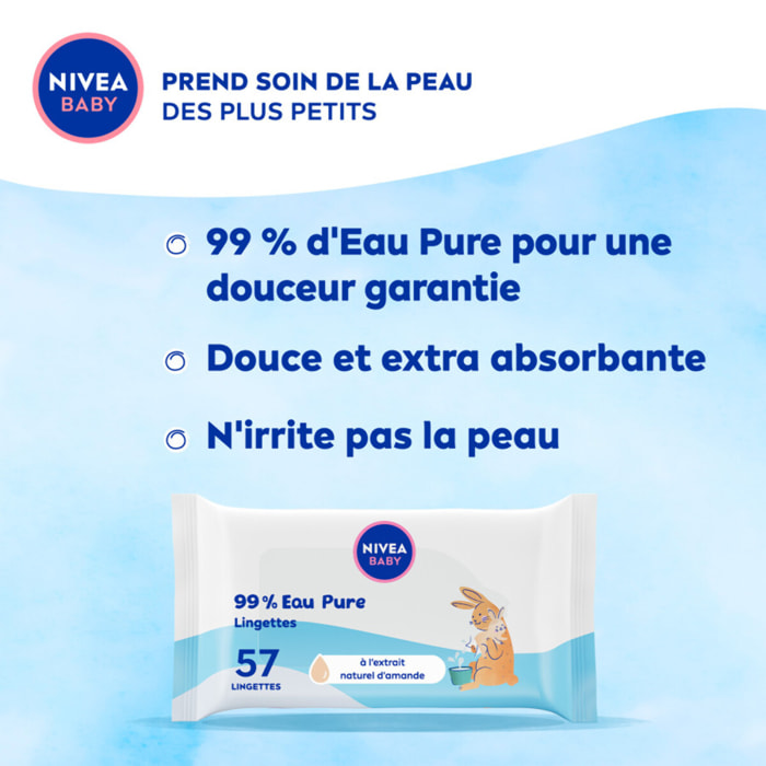 Pack de 10 - NIVEA - Lingettes Bébé 99% Pure Water 10 paquets de 57 Pièces