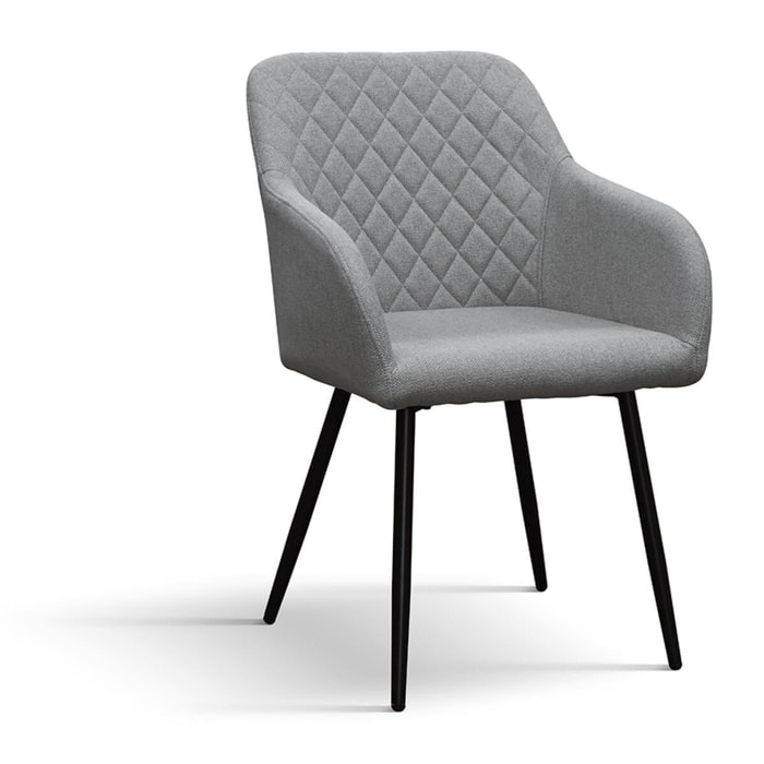 Set di 4 sedie LISBONA in tessuto grigio e gambe in metallo nero, con braccioli