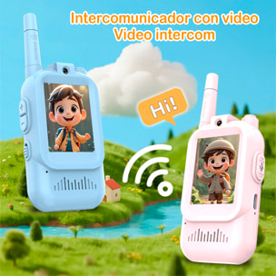 Walkie-Talkie per bambini con intercomunicatore video e 4 modalità di visualizzazione. 150-500 metri di connessione chiara, schermo da 2" e 4 modalità vocali.