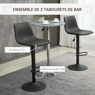 Lot de 2 tabourets de bar Vintage hauteur réglable pivotant avec repose-pied PU avec surpiqûres gris foncé