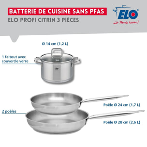Set de 2 Poêles de cuisson 24 et 28 cm et 1 faitout 14 cm Elo Profi Citrin