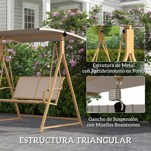 Columpio de Jardín Exterior de 2 Plazas Balancín de Jardín Exterior con Toldo Ajustable 90° Protección UV 30+ y Estructura Triangular de Metal Carga 220 kg 160x112x162 cm Caqui