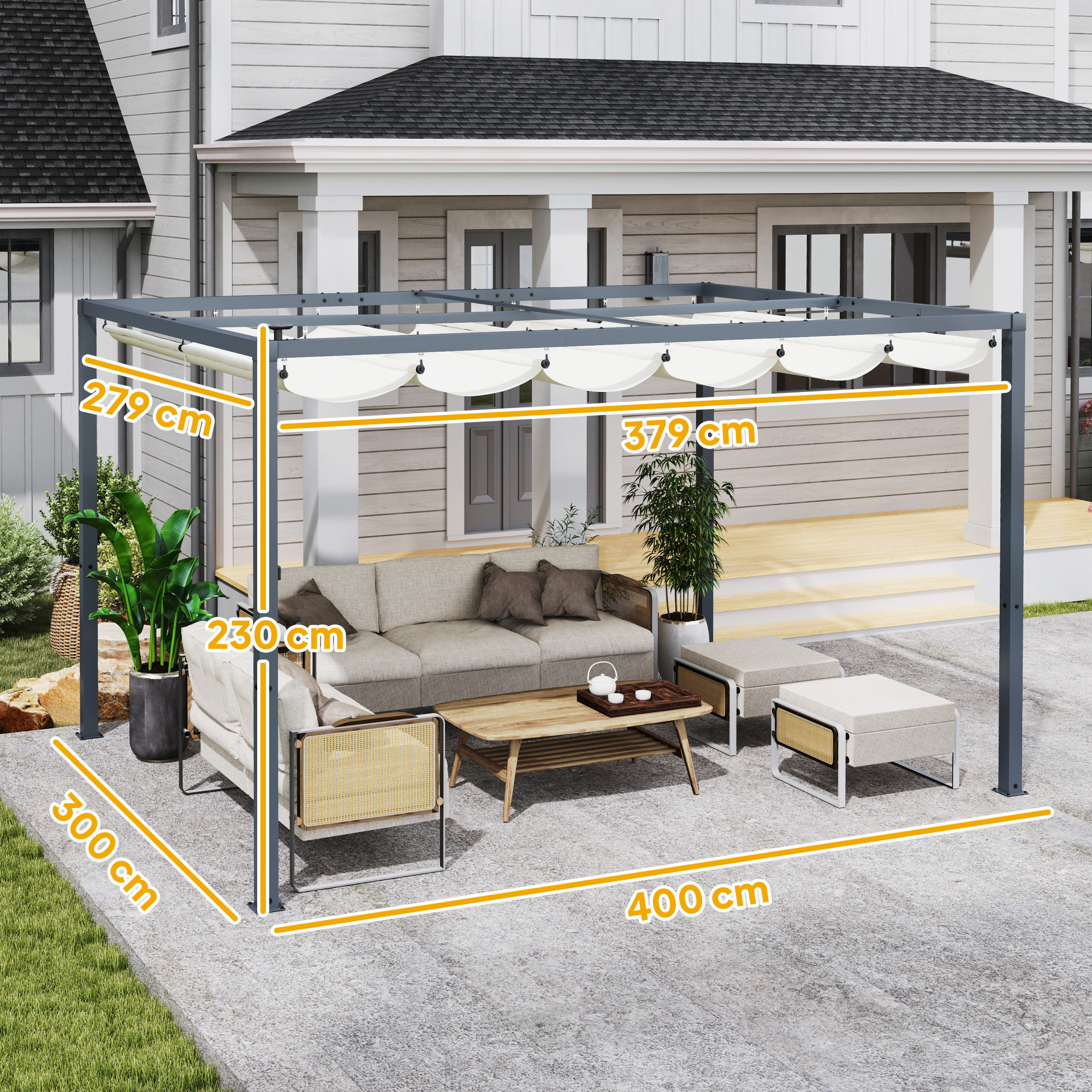 Pérgola de Aluminio con Luces LED 4x3 m Cenador de Jardín Gazebo con Solares Techo Retráctil Impermeable Anti-UV Pabellón para Patio Terraza Crema y Gris