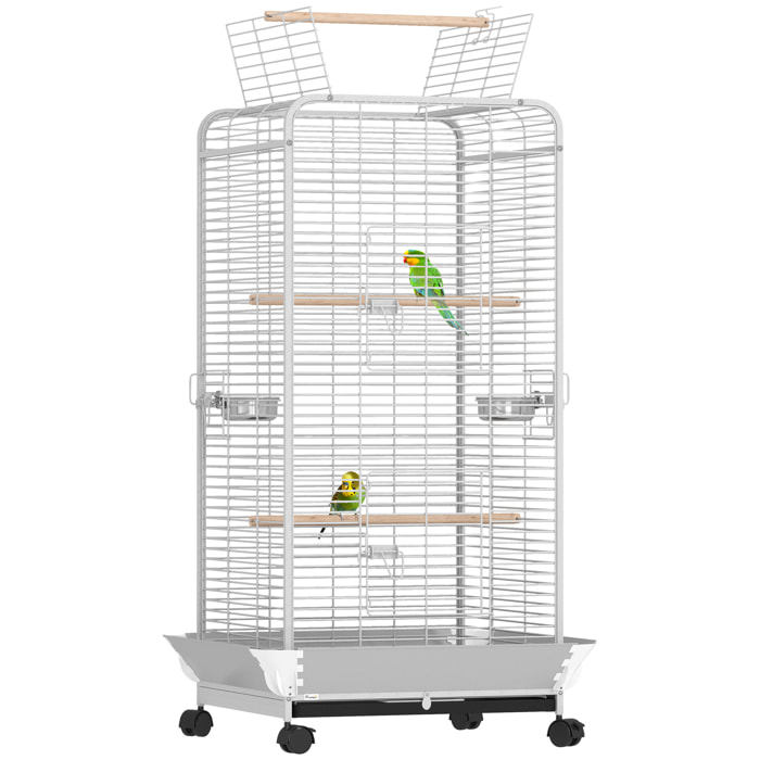 Jaula para Pájaros Jaula para Loros con Ruedas Perchas Comederos y Bandeja Extraíble Pajarera para Cacatúas Cotorras 79x73x146 cm Gris Claro