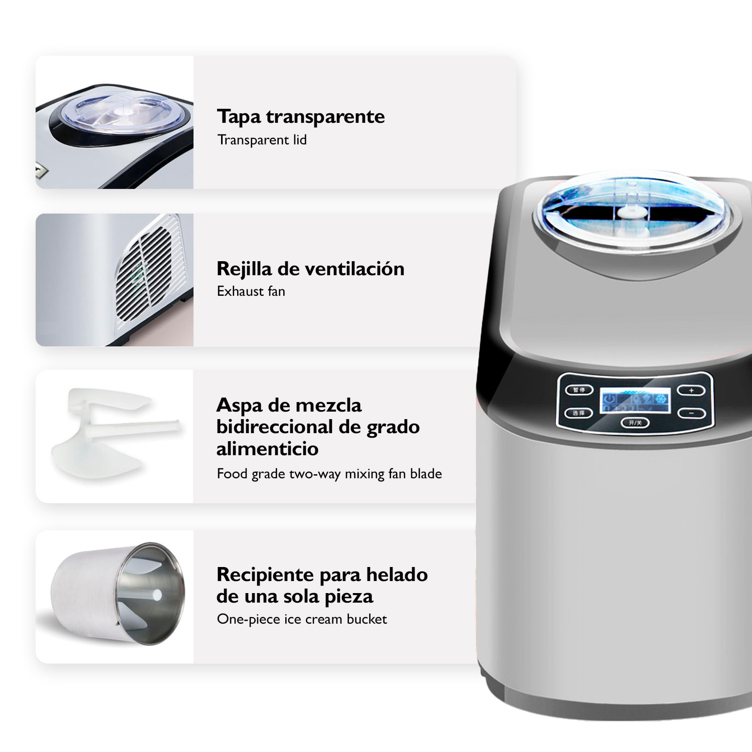 Heladera automática doméstica de 140W. Con un 1.5L litro de capacidad y compresor eléctrico. 2 modos de helados.