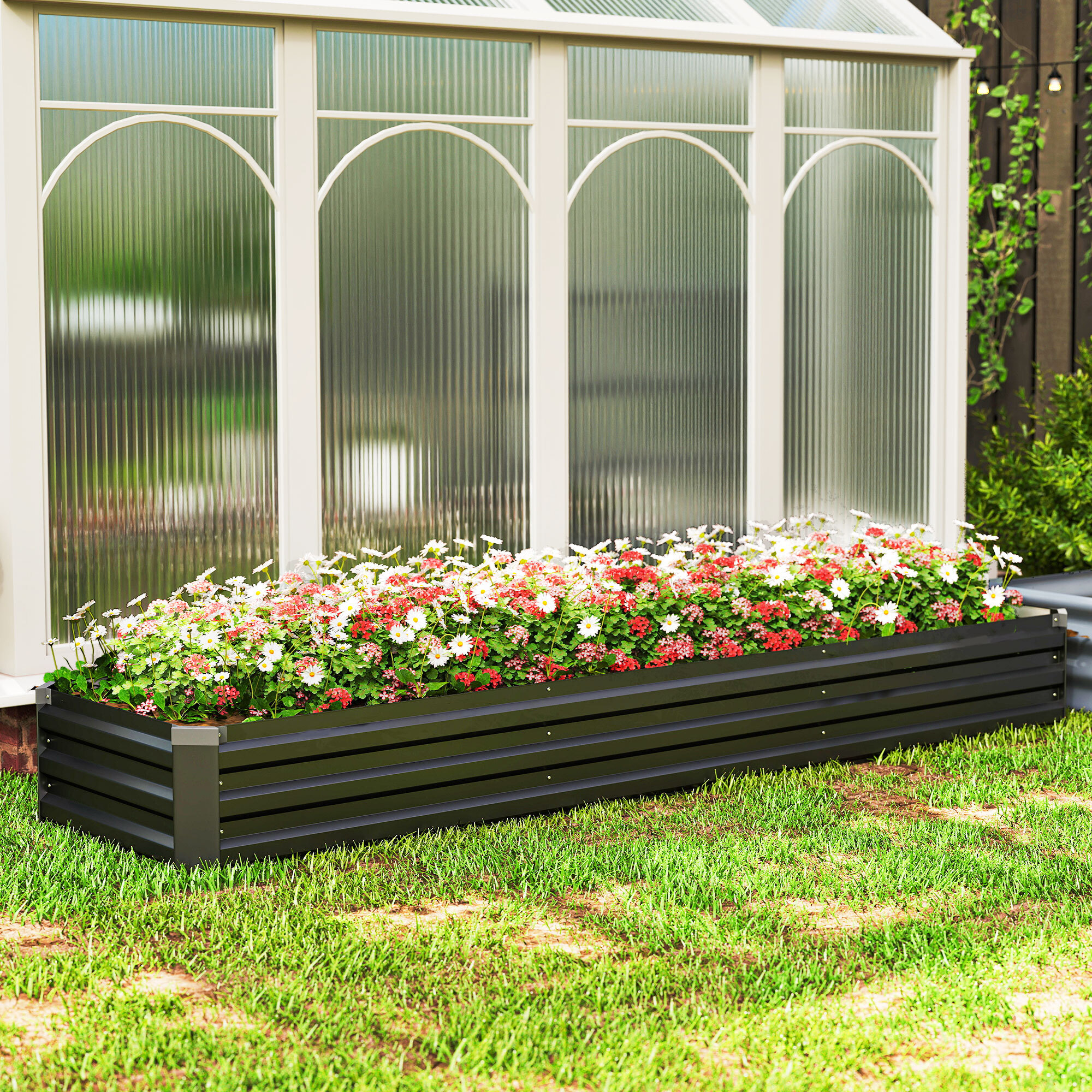 Jardinera Exterior Grande Rectangular de Acero Galvanizado, Huerto Urbano para Cultivar Plantas Hierba, Macetero Grande Exterior con Base Abierta Resistente a la Intemperie 240x60x30 cm Gris